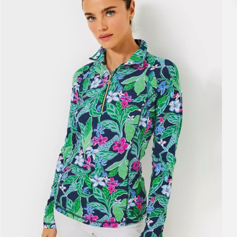 Lilly Pulitzer Navy Floral Tunic with Green and Pink Accents. Justine half zip.